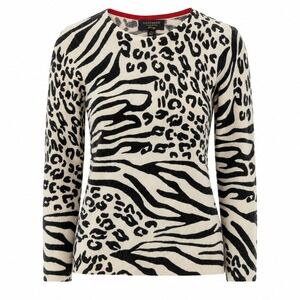 Charter Club Luxury Cashmere Animal Print Sweater Black Cream Zebra Leopard S
